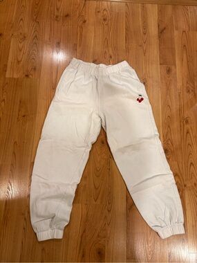 Hollister White Jogger Sweatpants with Red Cherry Accent